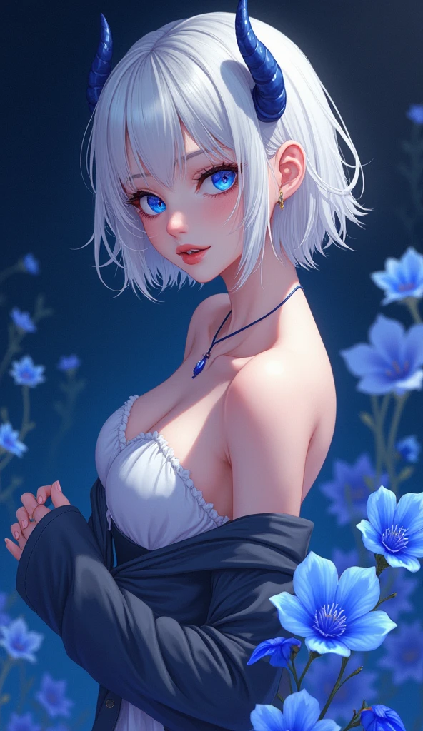 1girl, bethel, blue eyes, bare shoulders, breasts, medium breasts, short hair, white hair, hair over one eye, bangs, gloves, sleeveless, solo, shirt, fingerless gloves, white shirt, sleeveless shirt, arms behind back, off shoulder, horns, smile, (masterpiece), (best quality), (ultra detailed), indoors, simple background, blue flowers, 