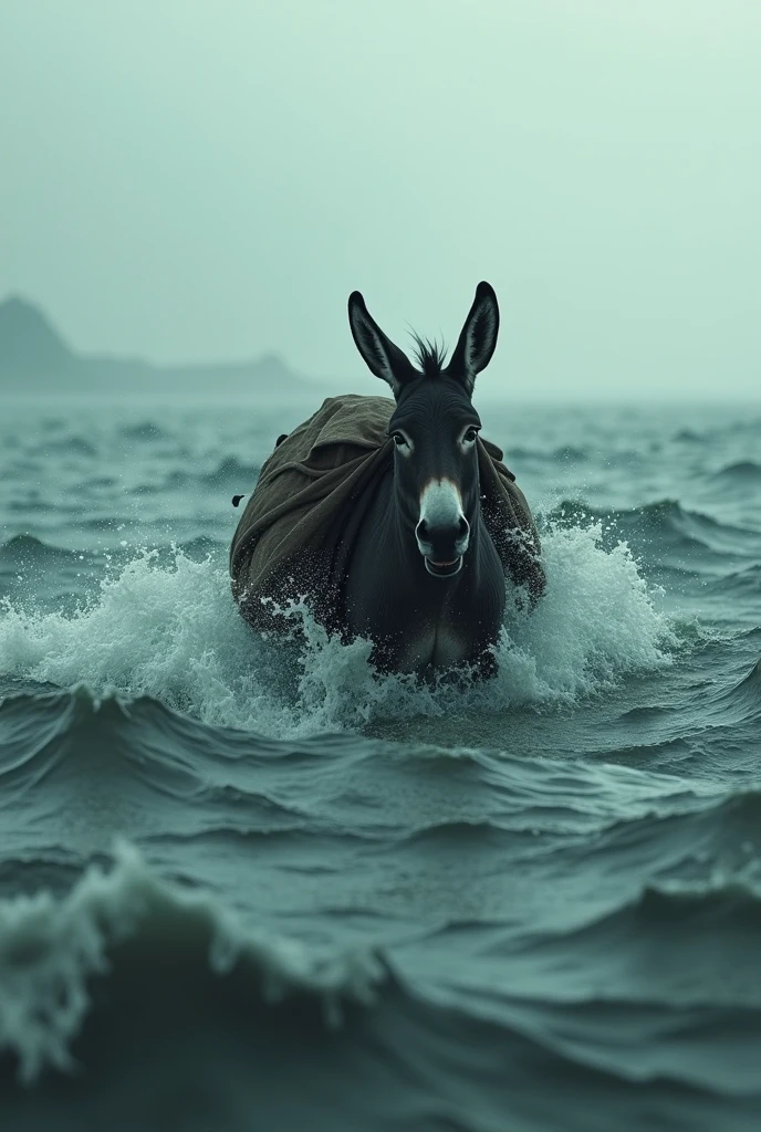 The donkey is drowning in a lot of water with a sack on his back
