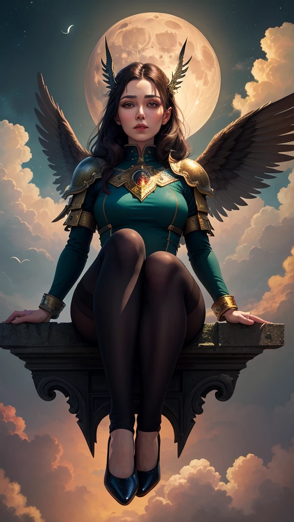 ((best qualityer)), ((work of art)), (detailded), together, ethereal beauty, perched on a cloud, (fantasy illustration:1.3), lovely gaze, skintight, pantyhose, Stockings, May, captivating pose, delicate wings, Otherworldly charm, mystical sky, large moon, full moon night, subdued colors, (detailded cloudscape:1.3), (high resolution:1.2), from low, (assessment_explicit), (punctuation_9, punctuation_8_High above, punctuation_7_High above, punctuation_6_High above, punctuation_5_High above, punctuation_4_High above, high resolution, 4K)