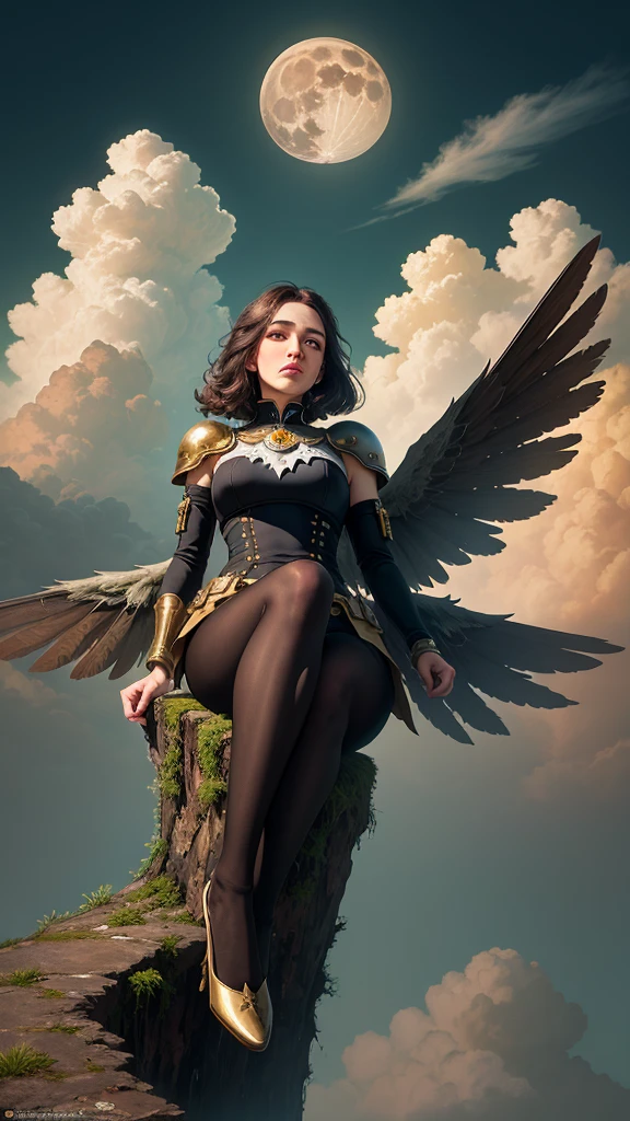 ((best qualityer)), ((work of art)), (detailded), together, ethereal beauty, perched on a cloud, (fantasy illustration:1.3), lovely gaze, skintight, pantyhose, Stockings, May, captivating pose, delicate wings, Otherworldly charm, mystical sky, large moon, full moon night, subdued colors, (detailded cloudscape:1.3), (high resolution:1.2), from low, (assessment_explicit), (punctuation_9, punctuation_8_High above, punctuation_7_High above, punctuation_6_High above, punctuation_5_High above, punctuation_4_High above, high resolution, 4K)