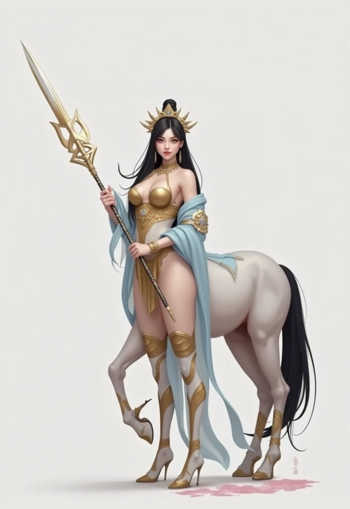 masterpiece,(Best quality:1.3),Centaur girl,lora:Centaur girlV1.0:0.6,(Icefield:1.3),(Head and body 1：9：1.3)Nine-head body，Holding a long weapon，Ancient mythology character Erlang Shen costume，（cos Jiro God）（Refer to Jiao Enjun&#39;s Erlang Shen costume）（Golden pattern kneepads，Elbow pads，Wristband，Golden Boot，）（Golden pattern saddle）Horse&#39;s body full of golden ancient Chinese armor，Golden headdress，Elegant, beautiful and elegant，All four legs are the same thickness，Ancient Chinese warframe，Mythological Characters Costumes，Background of the picture: Ancient Chinese Heavenly Palace，Mythology Background，Luck is surrounded by colorful clouds，Smooth skin，Black Hair，Perfect facial features，Full breasts，(Leather belt bracelet neck: 1.4)，(White crystal high heels: 1.6)，Fair and translucent skin，Pale skin，Peach-like skin，The milky white porcelain skin of the eggs