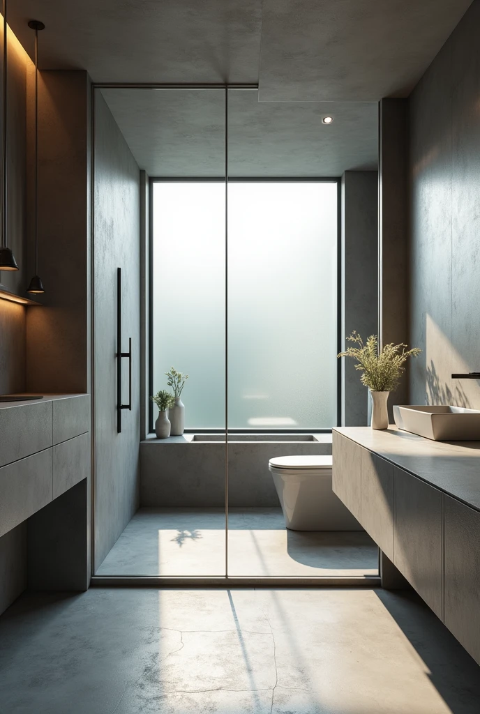 bathroom modern, ultra-realistic , 8k, ultra realistic render , 4K , photo realist , glass box up to the ceiling , metal therefore , matte gray floor , stone countertop , small window with frosted glass , moderno , luxurious , a hanging vase 