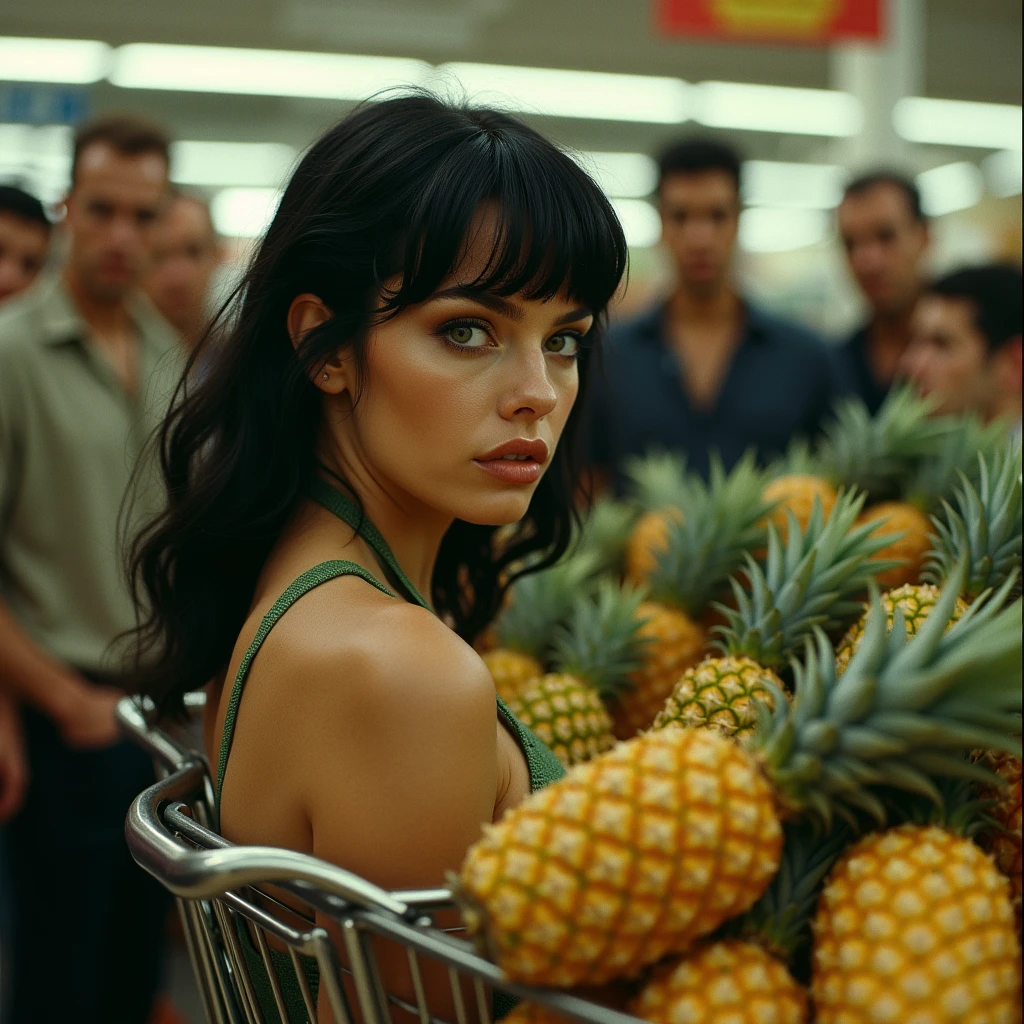side view of a beautiful sexy serious face woman with green eyes and shiny black hair in the fruit section of a supermarket with a shopping cart filled to the brim with pineapples, Old men look at her and smile at her, provocative attitude, real image kodak ultra