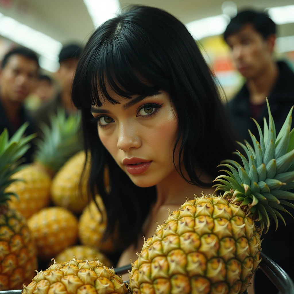 side view of a beautiful sexy serious face woman with green eyes and shiny black hair in the fruit section of a supermarket with a shopping cart filled to the brim with pineapples, Old men look at her and smile at her, provocative attitude, real image kodak ultra