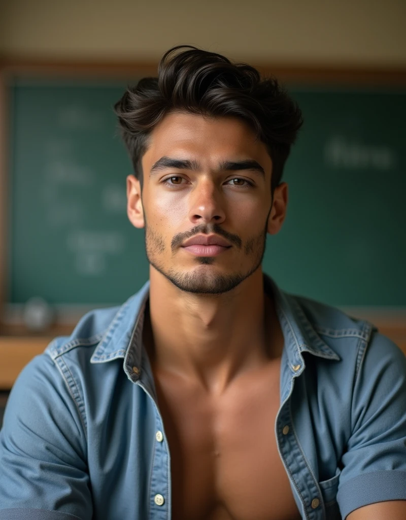 (1boy, photorealistic:1.4, masterpiece:1.2, ultra detailed, best quality, 4k), a handsome and muscular college aged boy sitting at a school desk with his shirt unbuttoned and open, male, slim athletic body build, backdrop is a classroom, with unparalleled attention to detail this photorealistic portrait combines the style of National Geographic, Capture every detail of his textured skin in 8k resolution, Leica digital SLR camera, his features are clearly visible from the deep-set eyes to the chiseled jawline, make this image a true masterpiece, Lift, (8K UHD, RAW Photograph, Photorealistic Portrait Leica Digital SLR, Lifelike images)