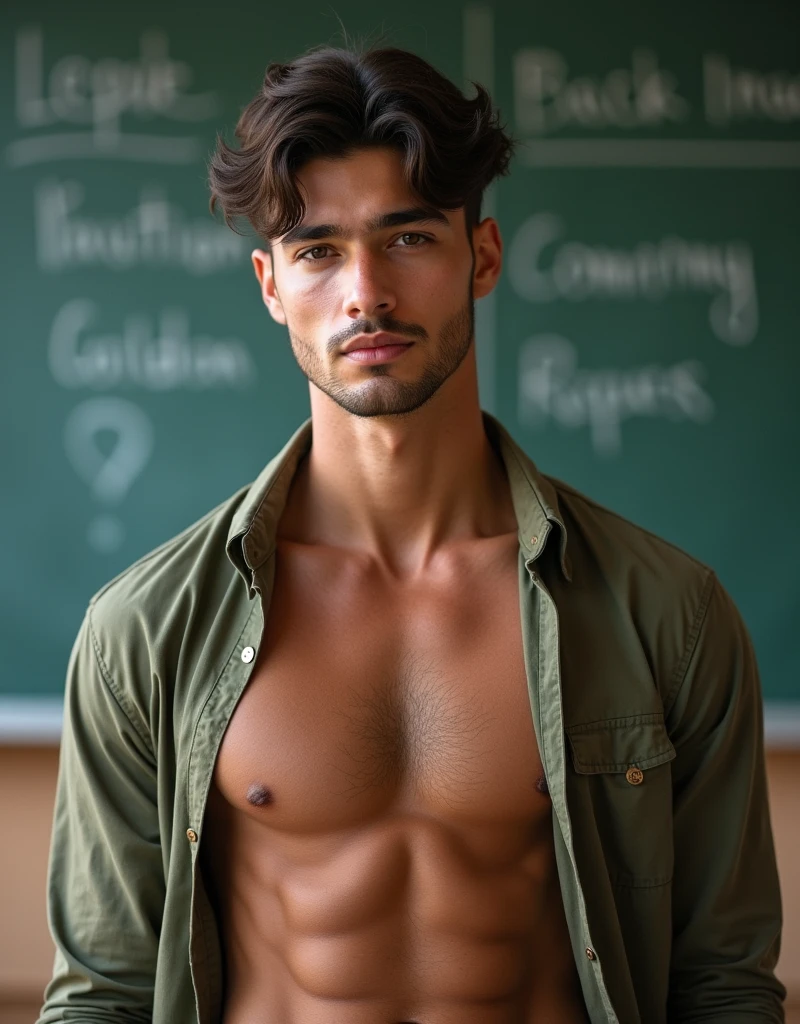 (1boy, photorealistic:1.4, masterpiece:1.2, ultra detailed, best quality, 4k), a handsome and muscular college aged boy sitting at a school desk with his shirt unbuttoned and open, male, slim athletic body build, backdrop is a classroom, with unparalleled attention to detail this photorealistic portrait combines the style of National Geographic, Capture every detail of his textured skin in 8k resolution, Leica digital SLR camera, his features are clearly visible from the deep-set eyes to the chiseled jawline, make this image a true masterpiece, Lift, (8K UHD, RAW Photograph, Photorealistic Portrait Leica Digital SLR, Lifelike images)