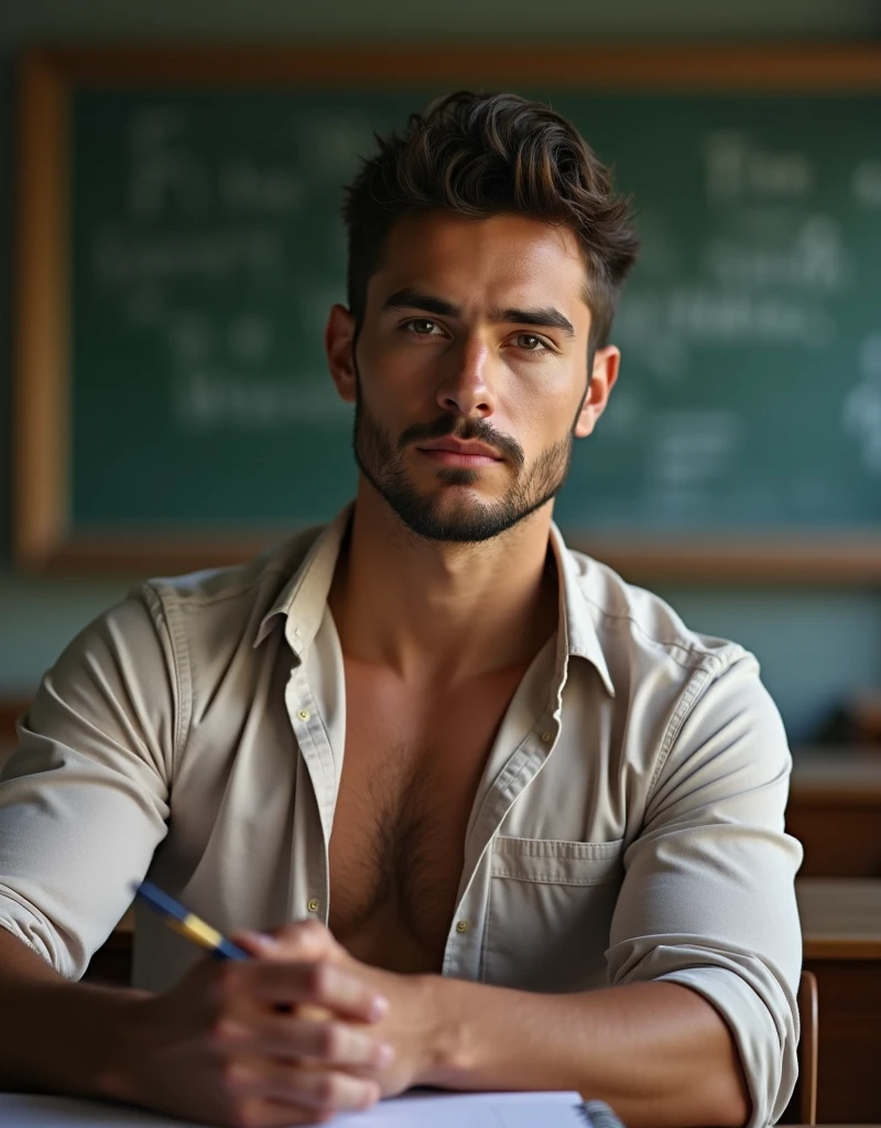 (1boy, photorealistic:1.4, masterpiece:1.2, ultra detailed, best quality, 4k), a handsome and muscular college aged boy sitting at a school desk with his shirt unbuttoned and open, male, slim athletic body build, backdrop is a classroom, with unparalleled attention to detail this photorealistic portrait combines the style of National Geographic, Capture every detail of his textured skin in 8k resolution, Leica digital SLR camera, his features are clearly visible from the deep-set eyes to the chiseled jawline, make this image a true masterpiece, Lift, (8K UHD, RAW Photograph, Photorealistic Portrait Leica Digital SLR, Lifelike images)