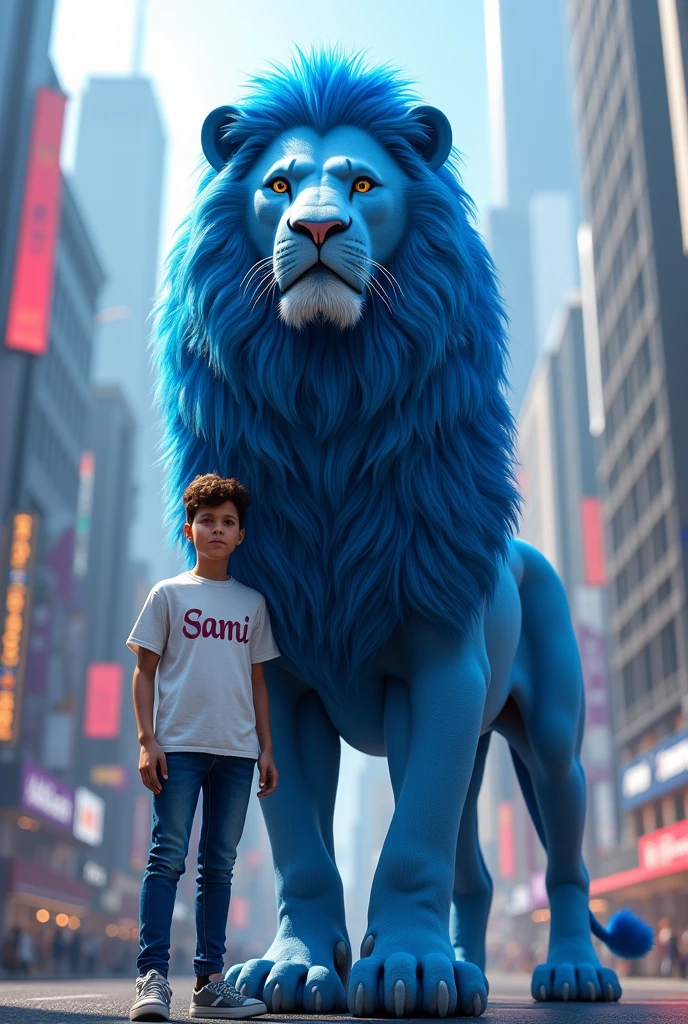 Blue Lion in city with person wearing white t shirt with blue pent .sami is written on shirt 