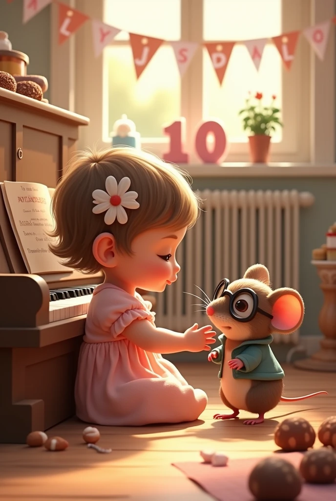 Radiator on back wall, with decoration, chocolate and nougat and anise balls girl 10 months old with very short hair with light brown hair with a flower adorning one side of her hair, sitting next to a piano and playing with a beautiful, little mouse with glasses and jacket singing and dancing on the piano Party and day cake for "Allison" Animated Colors Photography Anime, photo, illustration, typography, vibrant, Graffiti, portrait photographyLess
