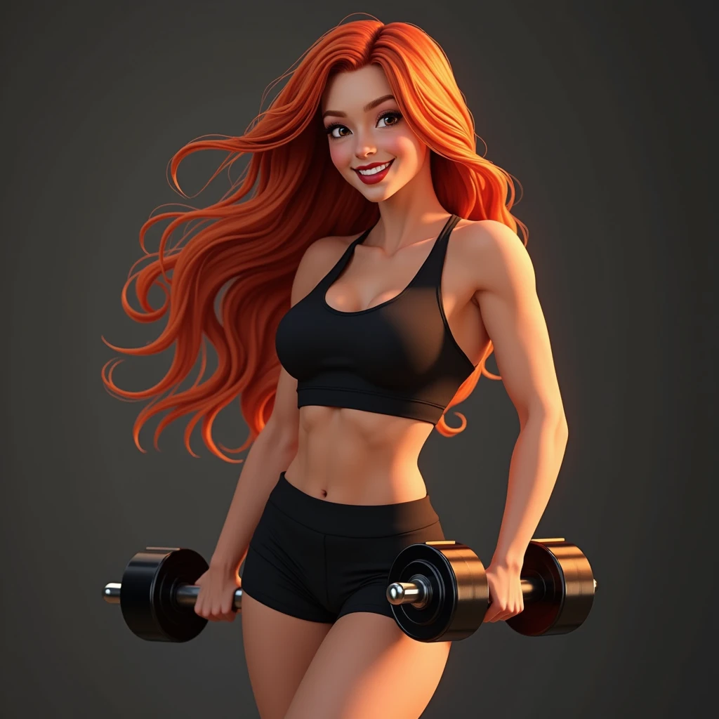 female teenager,long flaming red hair,smiling brightly,gym clothes,dumbbell exercise pose,full body,photorealistic,realistic lighting,highly detailed,8k,exquisite,vibrant colors,natural skin tones,beautiful eyes,beautiful lips,dynamic pose,athletic,fit,glowing skin,studio lighting,warm color palette