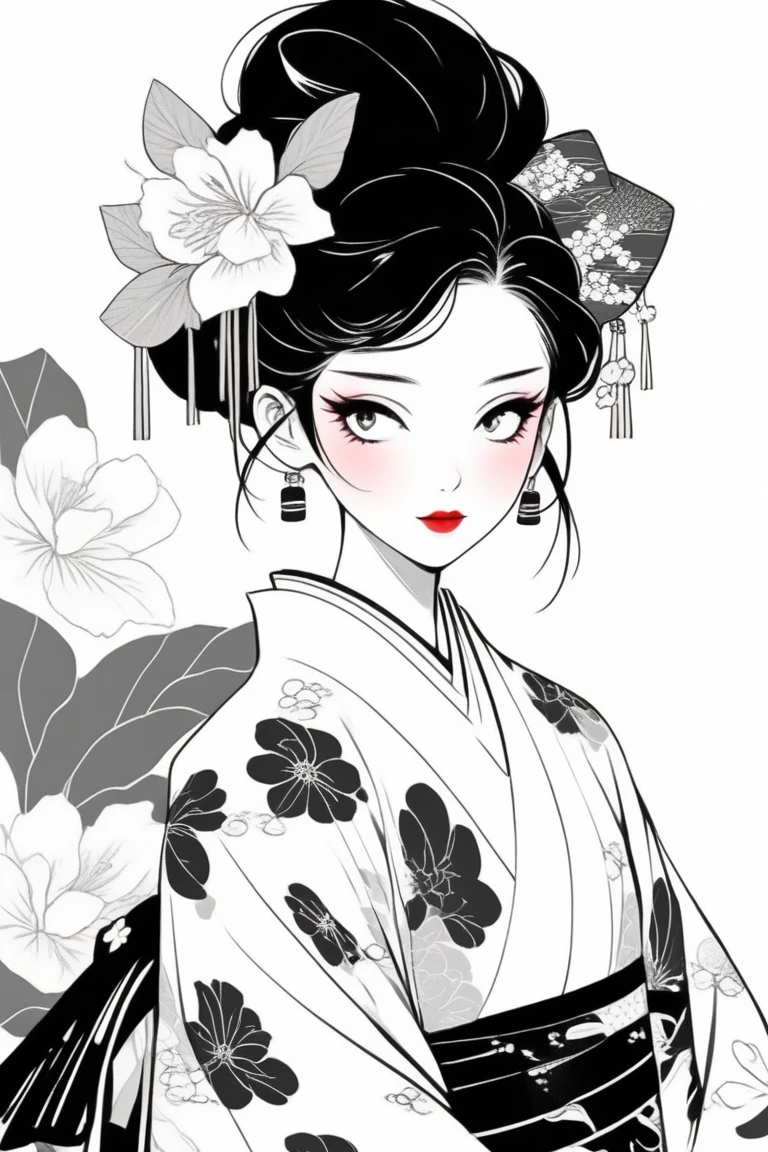 (best quality, sketch:1.2),Practical,ilustrador,Japanese cartoons,1 girl, Detailed lips, kimono,Entertainment, black and white gradient background,Neon hair,Texture cropping, masterpiece, The style is vintage, Deep Black 