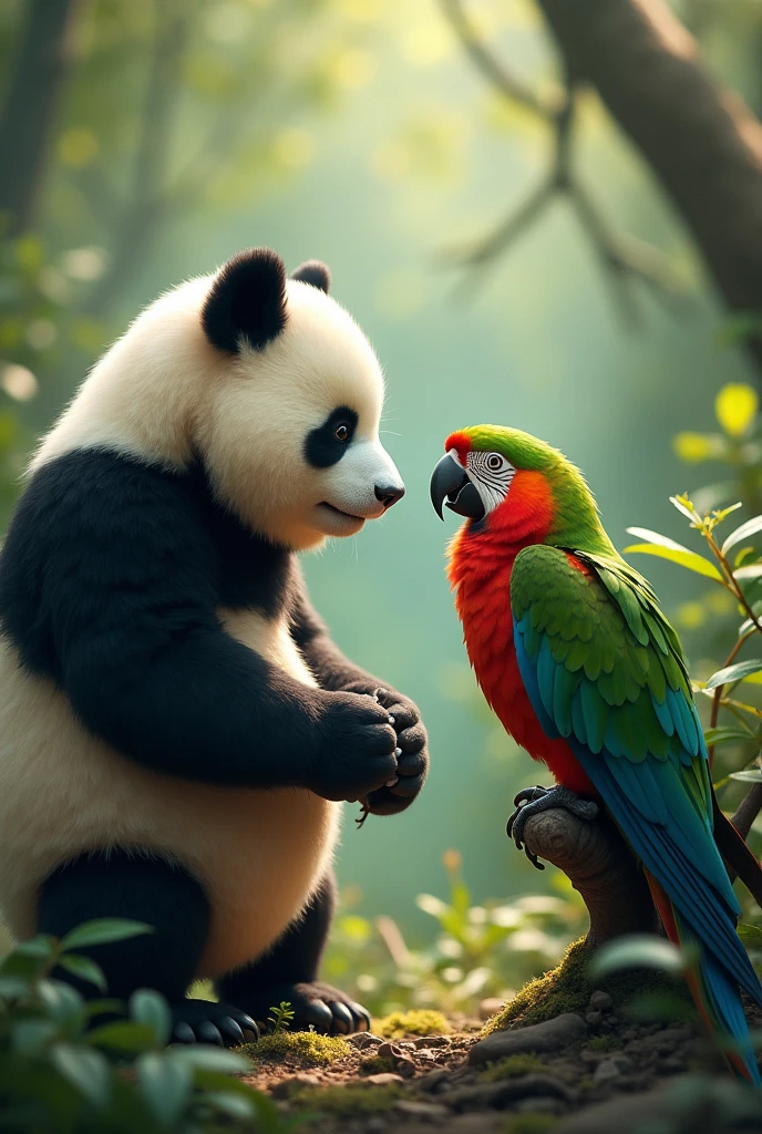 Panda and parrot face to face