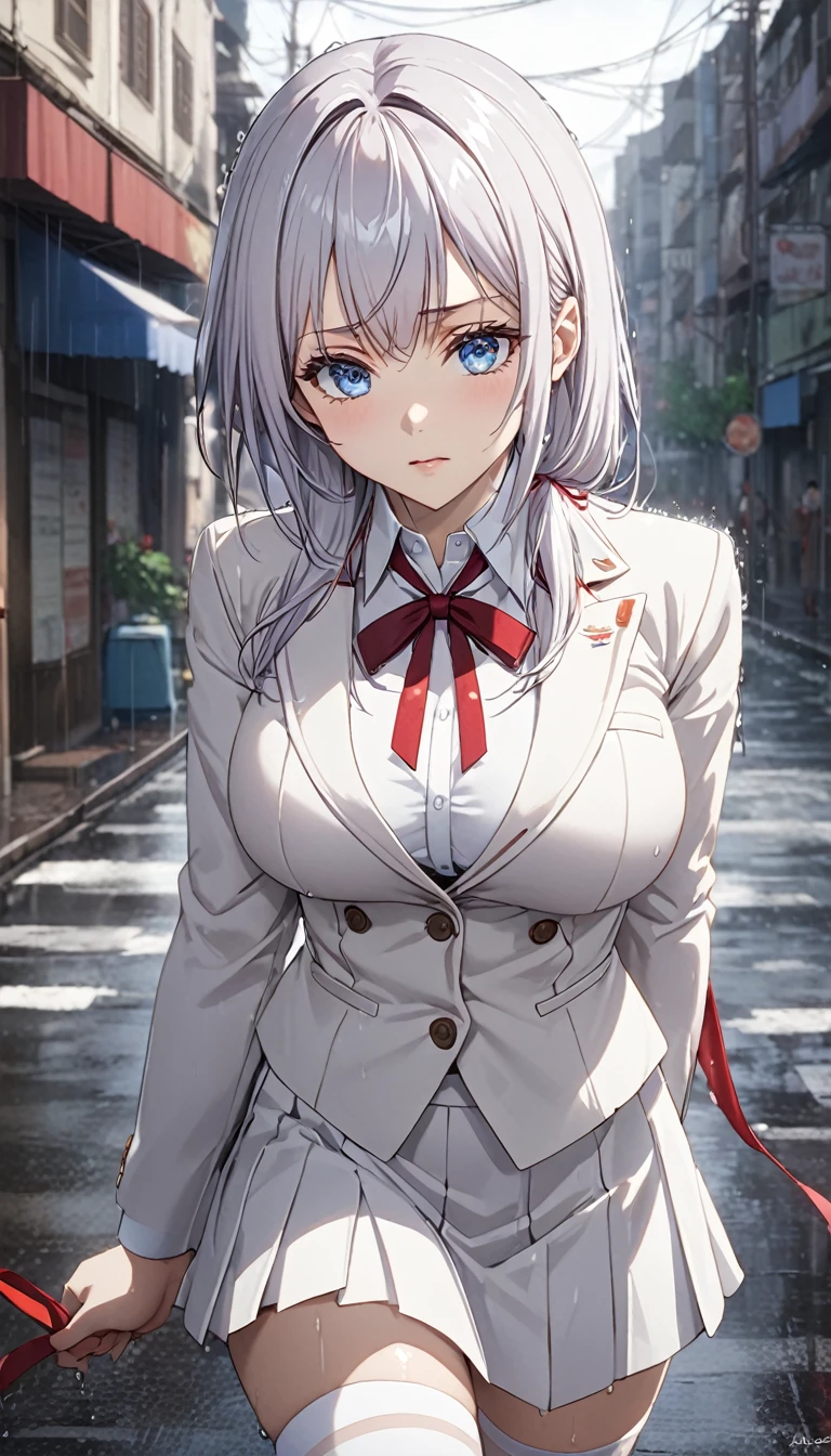 Detailed work, best quality, 2080p clarity, Realistic lighting and shadows, Anime, background, middle of the road, จากซีรีย์ Alya Sometimes Hides Her Feelings in Russian, Alisa Kujo, long white hair, I point up, Attach a red ribbon, blue eyes, ตาแบบAnime, Extra large breasts, Wearing a white suit., Very short white suit skirt, White Stockings, Heavy rain