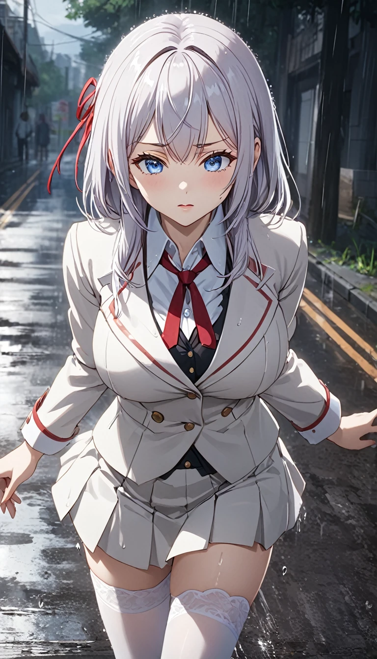 Detailed work, best quality, 2080p clarity, Realistic lighting and shadows, Anime, background, middle of the road, จากซีรีย์ Alya Sometimes Hides Her Feelings in Russian, Alisa Kujo, long white hair, I point up, Attach a red ribbon, blue eyes, ตาแบบAnime, Extra large breasts, Wearing a white suit., Very short white suit skirt, White Stockings, Heavy rain