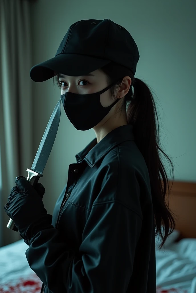 korean girl, (behind , holding knife), black surgical mask, black gloves, room , black raincoat, trucker hat, holding knife, black gloves, woman on top, behind , blood splatter, on the bed, mass murderer, killer, low ponytail, blood splatter, dark atmosphere, cinematic lighting, atmospheric realistic, light from the window, close-up,