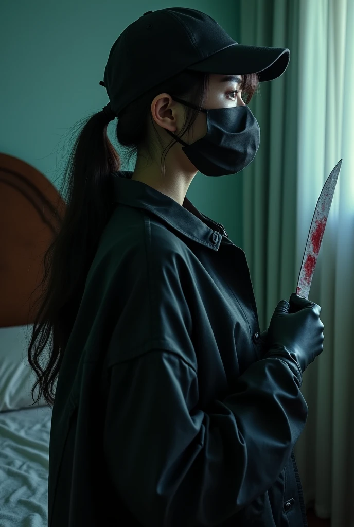korean girl, (behind , holding knife), black surgical mask, black gloves, room , black raincoat, trucker hat, holding knife, black gloves, woman on top, behind , blood splatter, on the bed, mass murderer, killer, low ponytail, blood splatter, dark atmosphere, cinematic lighting, atmospheric realistic, light from the window, close-up,