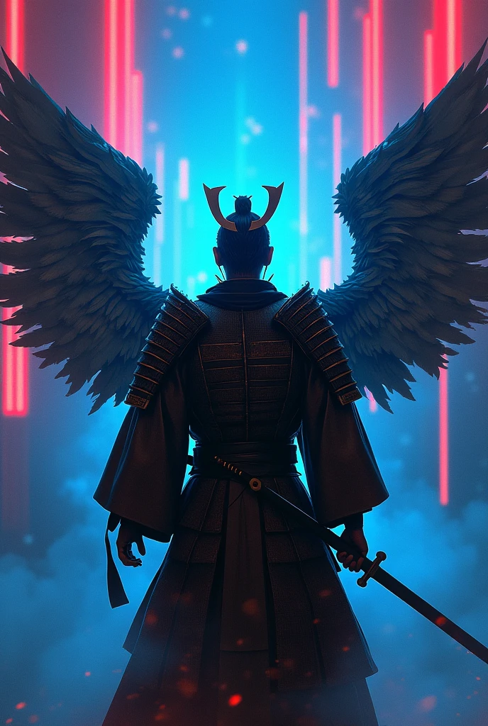 A samurai back side view with his long sward and two angle wings background blue and red neon colour in the background in a english word was writed MR BLACK THEIF