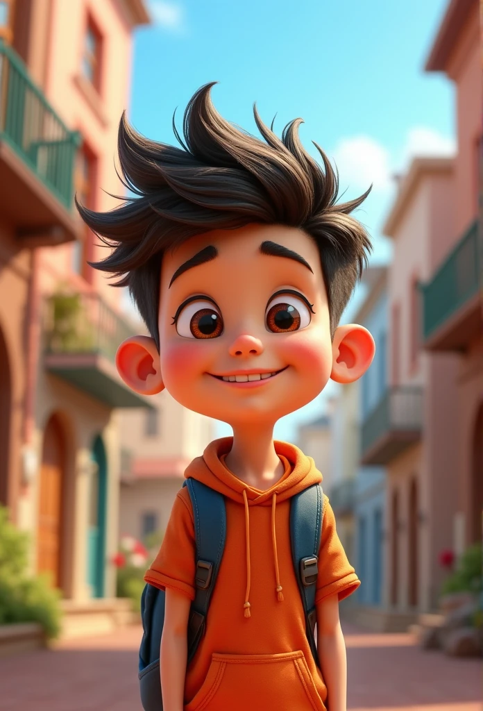 Boy image for YouTube video story in Pixar style, He is a little Alla Bester., He is the class leader., He is about to go out., Playful and curious about many things, short hair