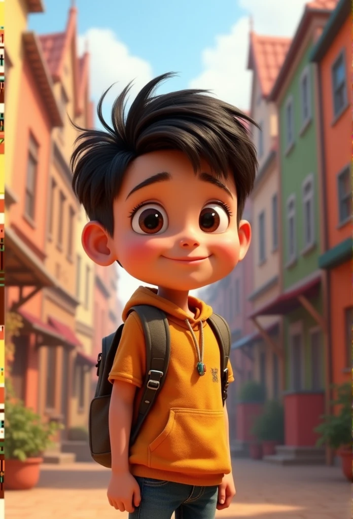 Boy image for YouTube video story in Pixar style, He is a little Alla Bester., He is the class leader., He is about to go out., Playful and curious about many things, short hair