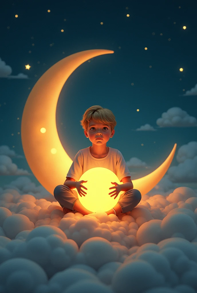 a baby listens to a lullaby and sits tenderly on a crescent moon in a fairy-tale space and there are many stars around, sleeps with closed eyes