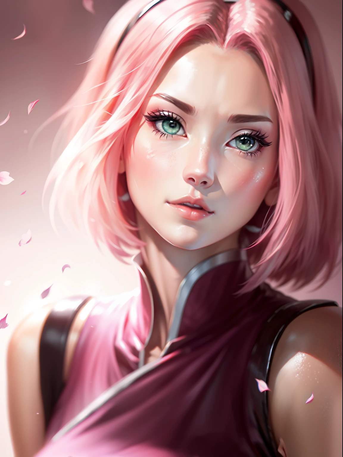 Sakura haruno, a figure skater, dancing on an ice rink, Sakura's hair is pink and short, there is nothing on her head, no adornment, whole body, her body is thin and graceful, her outfit is red, the image is charming and spectacular and there is depth in the scene, it is exciting, she is delicate, book cover