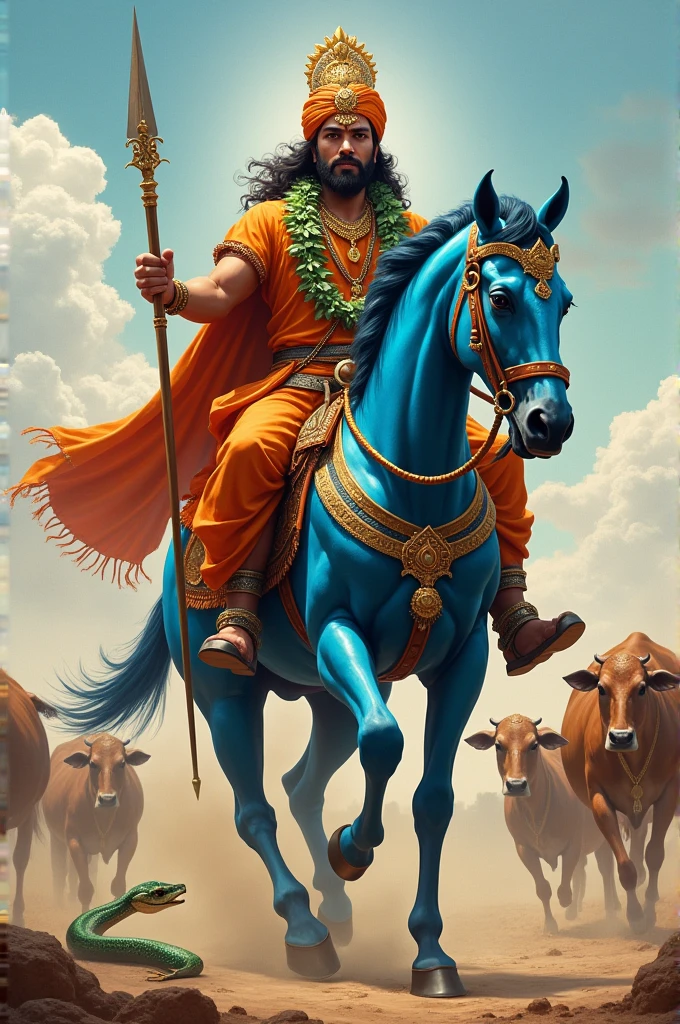 A king's complexion is fair or he has a Tulsi garland in his neck. He has a powerful jevlin and on his forehead and powerful shield on his hand The king has a Rajasthani turban on his head. He is riding on a blue colored horse. The horse is also very powerful and is also very beautiful. Along with the horse, a snake is also walking with his
He has a young king he look like a god in his background most of the lovely cows are come