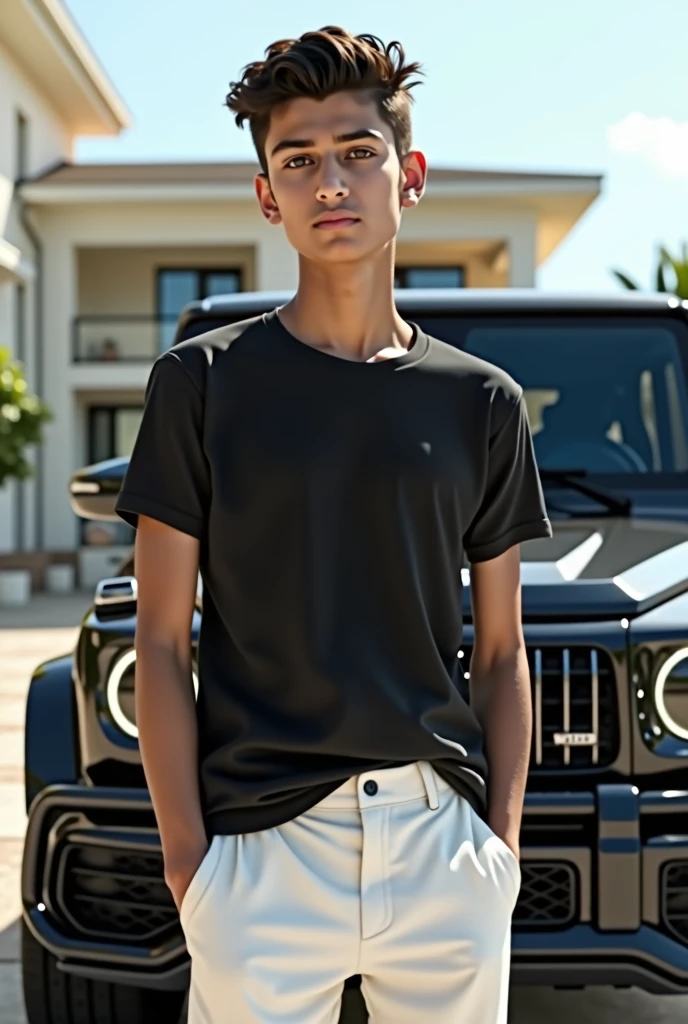 Write name kumail 14 year boy background luxury house and g63 mg vegan black teashirt and white pant