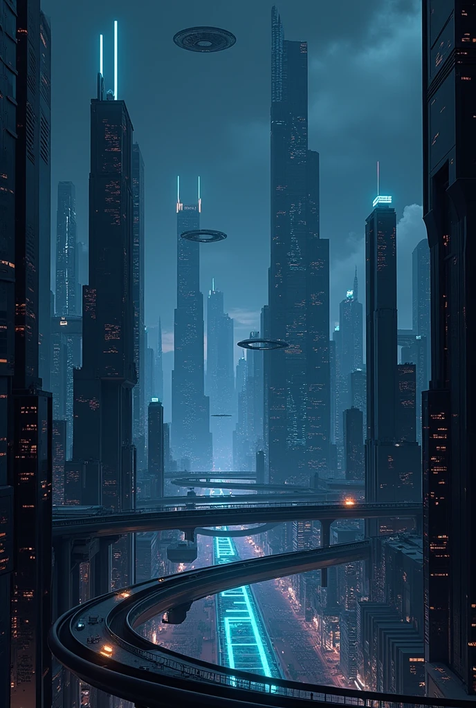Scenography of a futuristic city in shades of black and blue without including any characters