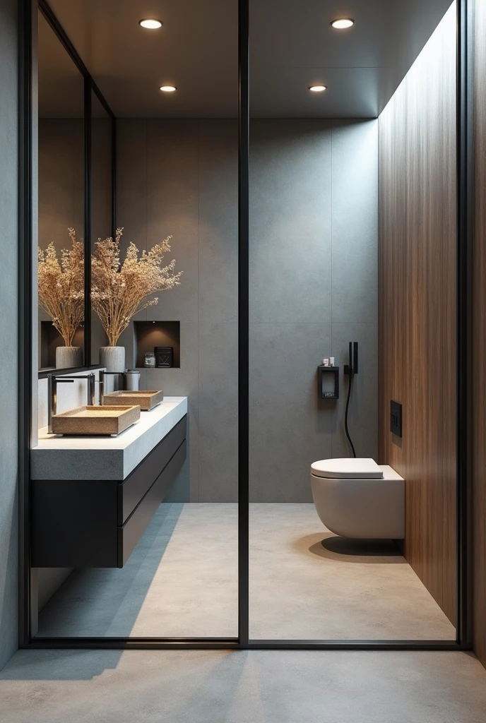 bathroom modern, ultra-realistic , 8k, ultra realistic render , 4K , photo realist , glass box up to the ceiling , metal therefore , matte gray floor , stone countertop , small window with frosted glass , moderno , luxurious , a hanging vase , wood panel , wide perspective ,
