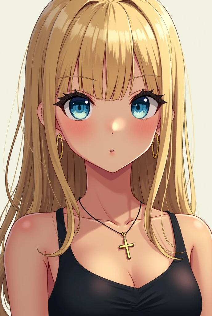 Manga character girl with long straight blond hair and blue eyes, quite tanned with a black tank top with thin straps, a Christian cross around her neck in gold and gold hoop earrings 