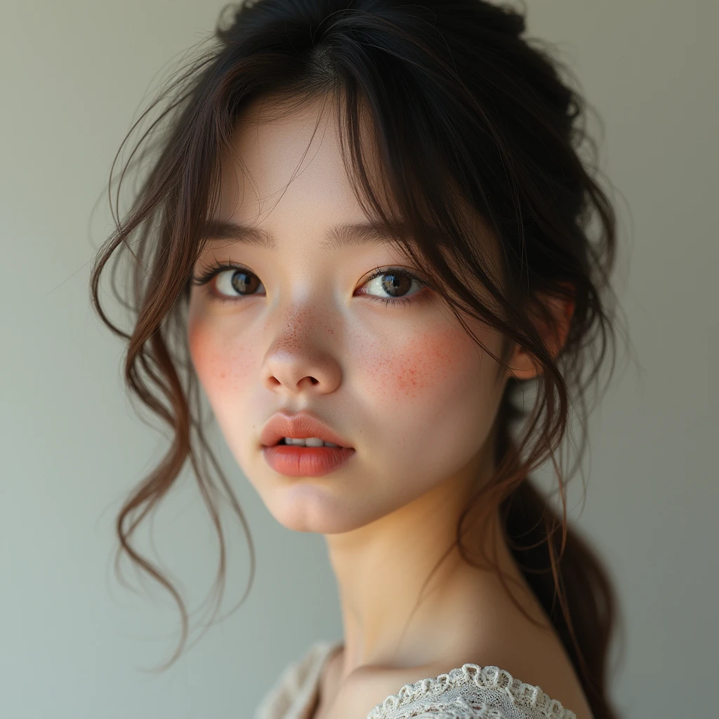 a young woman with striking features. She has fair skin with visible freckles, light eyes, and full lips. Her hair is straight and loose, with a slightly messy part. Her facial expression is serene and confident, and the soft lighting highlights her features. The background is neutral, which helps to focus on the central figure.
