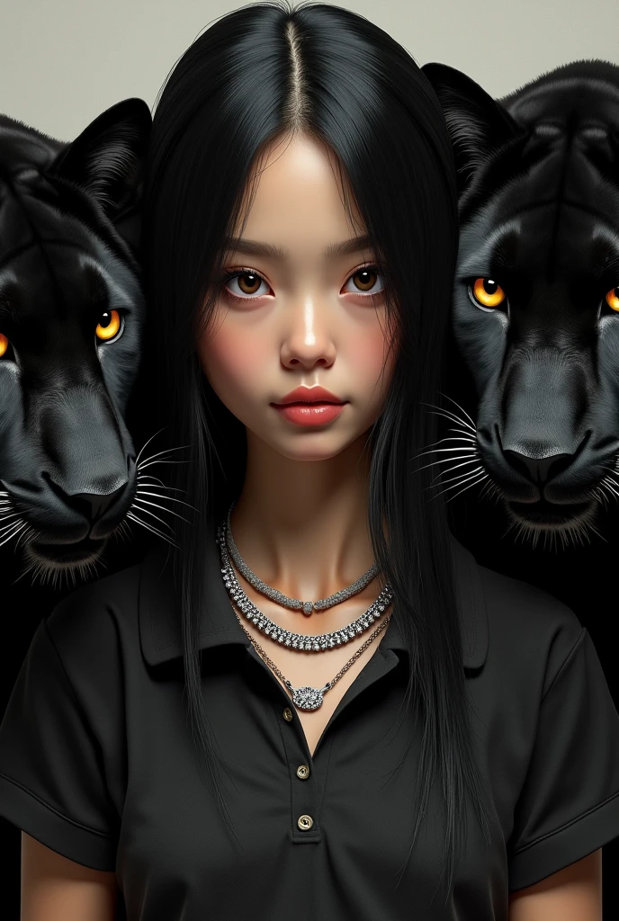 A girl with long straight black hair without bangs, with honey-colored eyes, a chain of silver stones and a polo shirt from the country Colombia and black panthers on each side of the girl. 