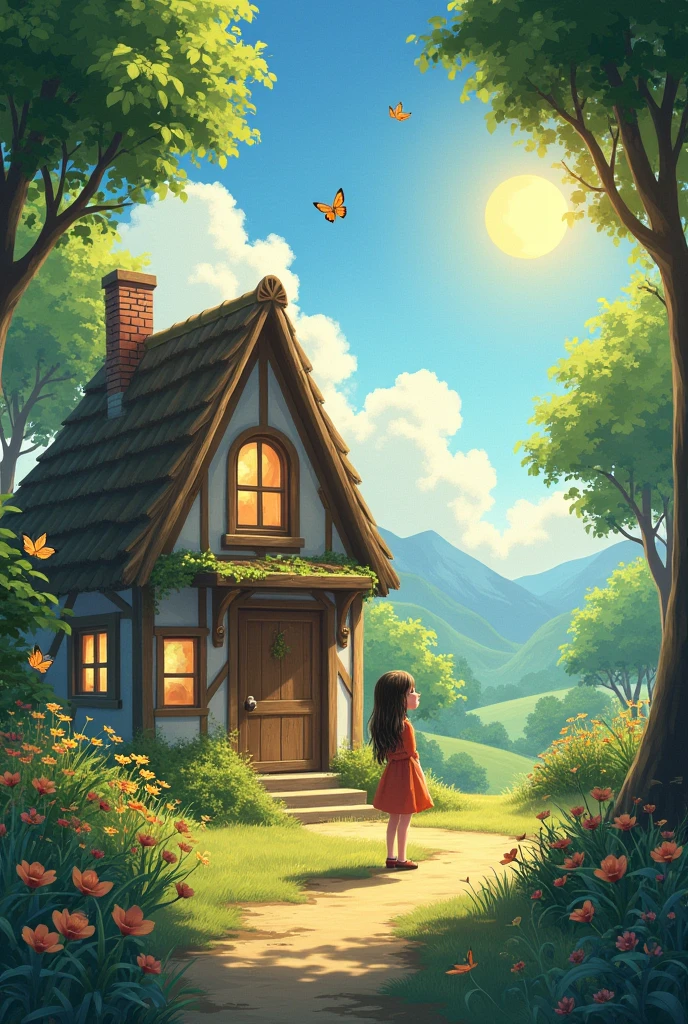 I want a little house with a girl in front of the house full of trees around the house and birds in the trees. Also add sun and butterflies.