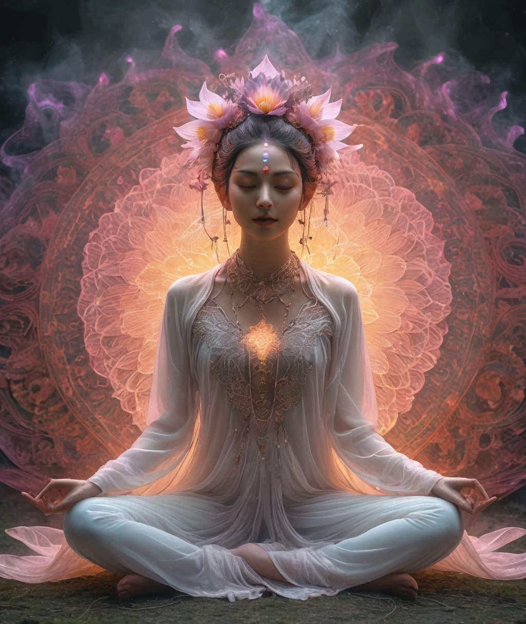 Full body photography of girl in lotus pose,Anatomically correct,Raw, movie shot, (Clear focus:1.5), (Reality:1.4), Dusk lighting, Volumetric Lighting, Ultra-high resolution, 16K,Dramatic Lighting, White background:1.5)(Zentangle,Mandala,Tangle,Entanglement:0.7)Fox Demon,Fox Mask,Short coat, Foxfire Curse, fox family, Transformation, Depth of Field, dreamy atmosphere, Chaos in its most beautiful form, grace, Brutalist design dark theme, Flower of Death, Flowers of ecstasy,Glowing Line,Glow Example,Tracking example,flash, Backlight,translucent,Light Particles,HILL,exit