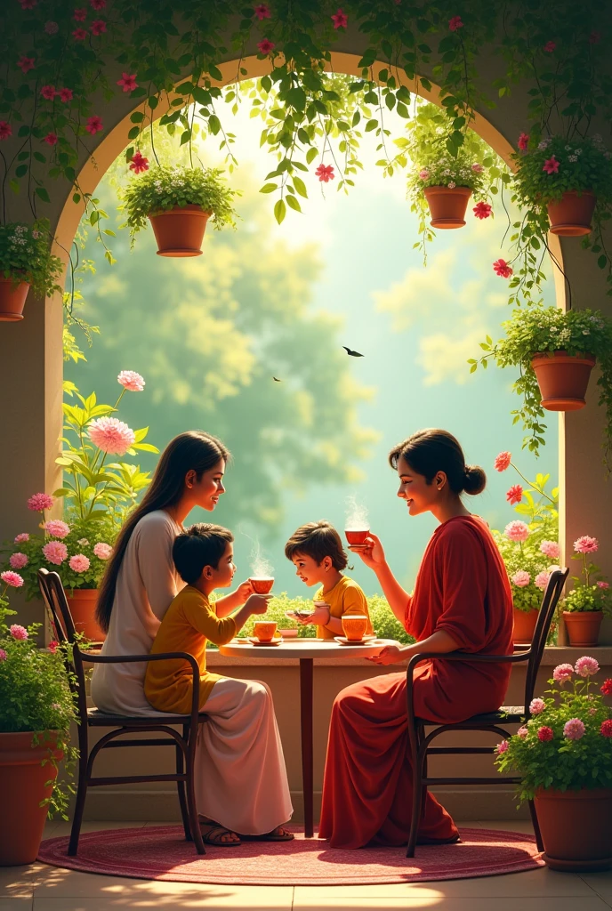 An indian family of 4 sitting on the terrace which is full of plants and flowers. They are smiling,drinking tea and feeling relaxed