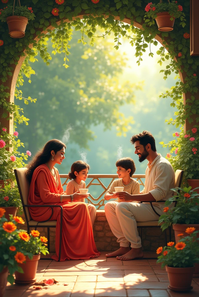 An indian family of 4 sitting on the terrace which is full of plants and flowers. They are smiling,drinking tea and feeling relaxed
