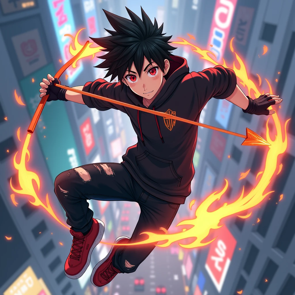 ((Hair: Pure black with red tips, short-spiky styled)), ((Appearance: Pale Fair-Skinned boy, around 168cm's height, lean, little muscular)), ((Eyes: Bright Red)), ((Clothes: Black long-sleeved hoodie with red stripes)), ((Under clothes: Black ripped jeans and red snikers)), ((Face: Handsome, cute, young teenager of 18 years-old)), ((Action: Floating in mid-air with a mischievous grin on his face, on top of a city)), ((Accessories: Black fingerless glove's)), ((Facial Expression: Calm, laydback, handsome, soft blush)), ((City: Modern stiled, bright lighting)), ((Location: On top of a city, japan, shibuya-styled)), ((Other Action: Pointing a flaming arrow towards a building)), ((Arrow: an arrow made of fire, there's no bow)), ((Expression: Focused on shoting)),