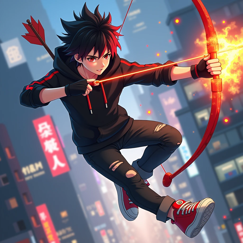 ((Hair: Pure black with red tips, short-spiky styled)), ((Appearance: Pale Fair-Skinned boy, around 168cm's height, lean, little muscular)), ((Eyes: Bright Red)), ((Clothes: Black long-sleeved hoodie with red stripes)), ((Under clothes: Black ripped jeans and red snikers)), ((Face: Handsome, cute, young teenager of 18 years-old)), ((Action: Floating in mid-air with a mischievous grin on his face, on top of a city)), ((Accessories: Black fingerless glove's)), ((Facial Expression: Calm, laydback, handsome, soft blush)), ((City: Modern stiled, bright lighting)), ((Location: On top of a city, japan, shibuya-styled)), ((Other Action: Pointing a flaming arrow towards a building)), ((Arrow: an arrow made of fire, there's no bow)), ((Expression: Focused on shoting)),