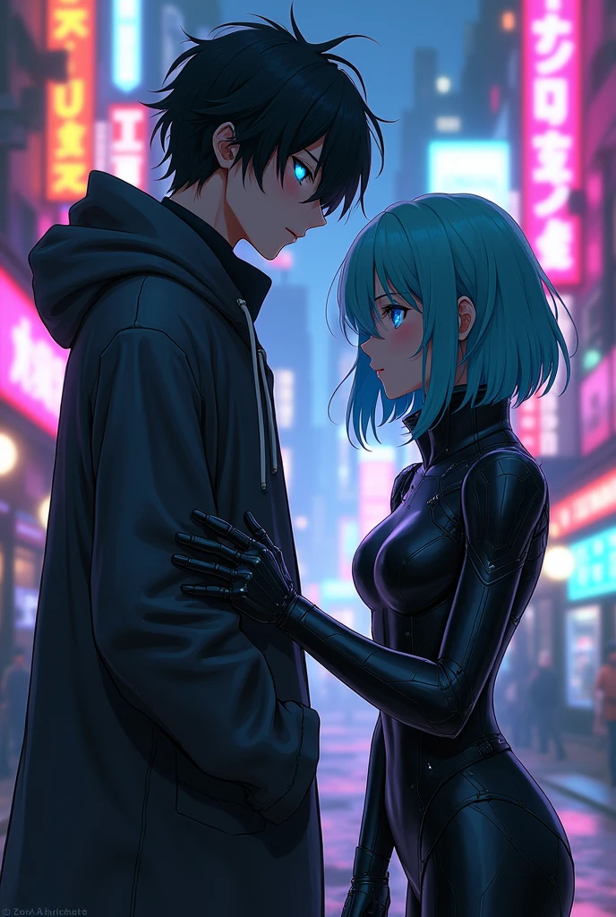 A anime boy of age 20 with a little long black hair and a little glowing blue eyes wearing hoodie like coat and his AI assistant girl with green-blue hair and wearing a cyberpunk suit in cyberpunk anime art style.
