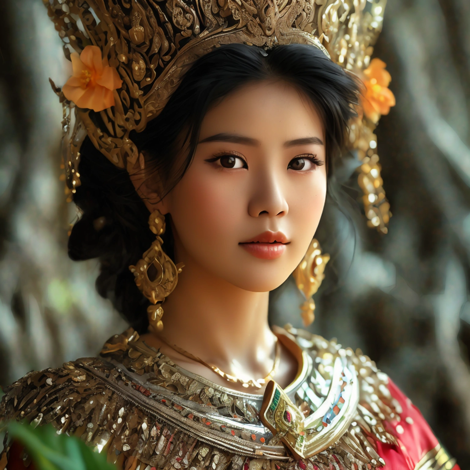 realistic details, Sharp picture, Thai girl dressed in the style of the ancient Ayutthaya Kingdom, ((Triplets)), beautiful, ((Sexy)), voluptuous, ((Age difference)), ((Different appearance))