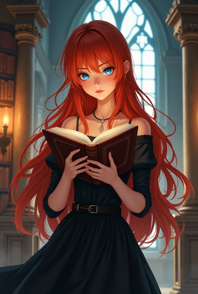 make a witch beautiful young girl with red longhair and bangs
she has accessories
blue eyes and black dress and standing in building and reading a book
kinda webtoon person