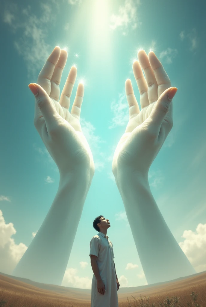 (photorealism:1.2), (4k) a person looking up at the sky at giant heavenly hands