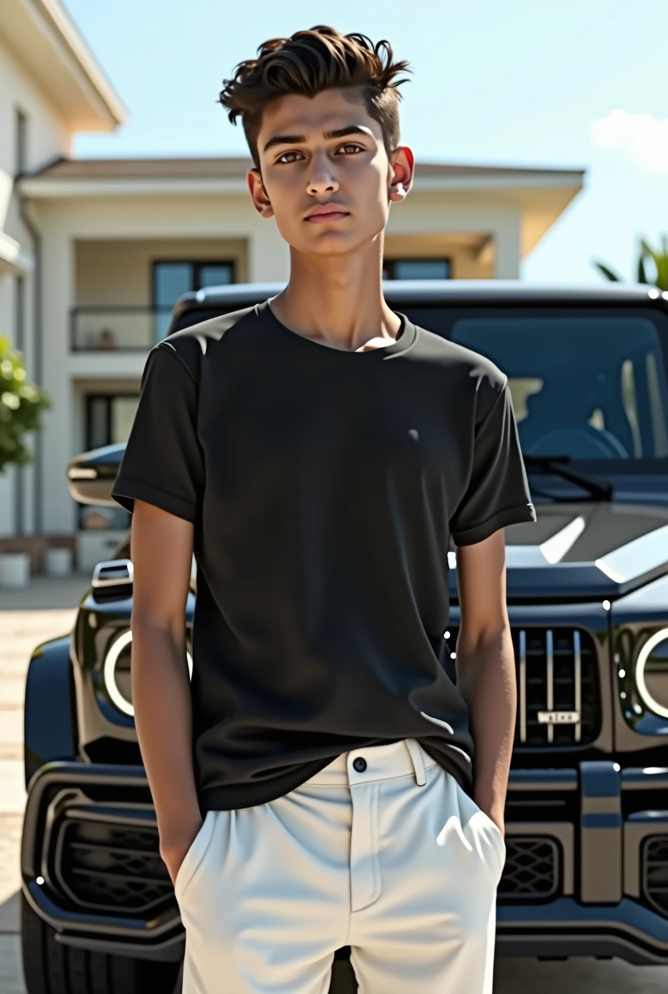 Write name kumail  boy background luxury house and g63 mg vegan black teashirt and white pant 
