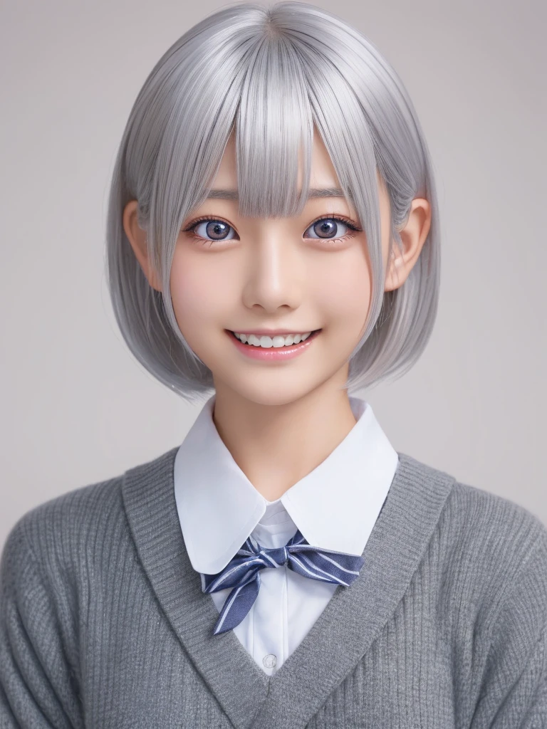 a young beautiful Japanese girl with short platinum silver hair,large clear eyes,droppy eyes,a balanced gaze,and a sweet smile,wearing a detailed school uniform,highly detailed and realistic, 8K,ultra-detailed,photorealistic,masterpiece,Highres fix,(Sexual climax:1.25)