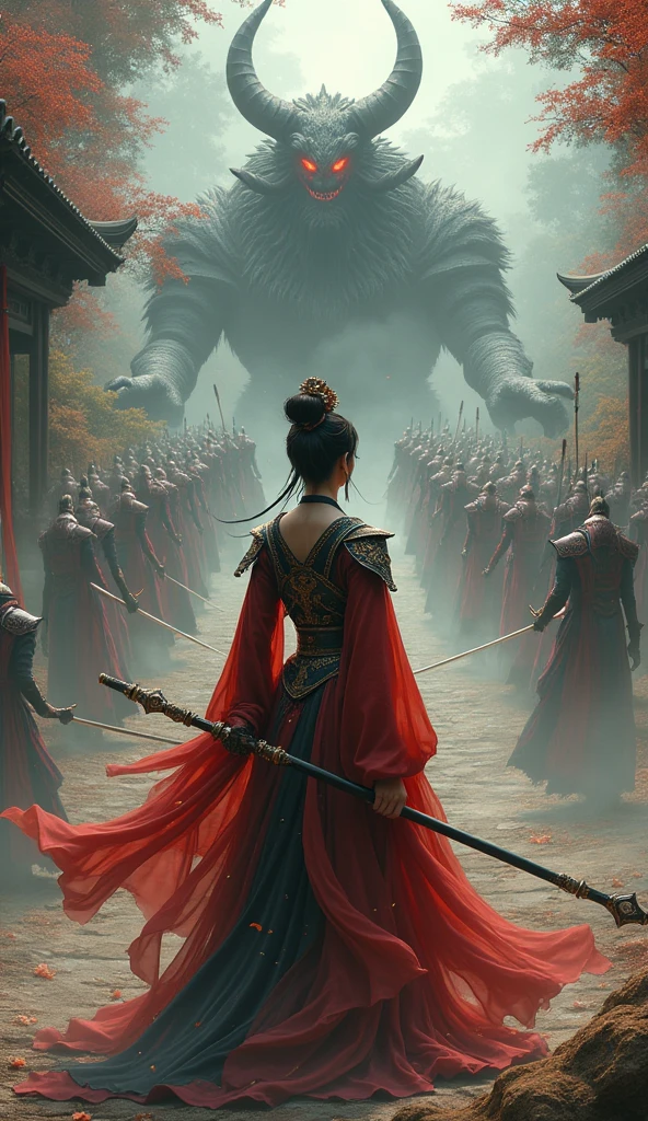 (best quality), detailed background, oriental nobless,warrior girl,combat arts,holding halberd,oni, monster army
