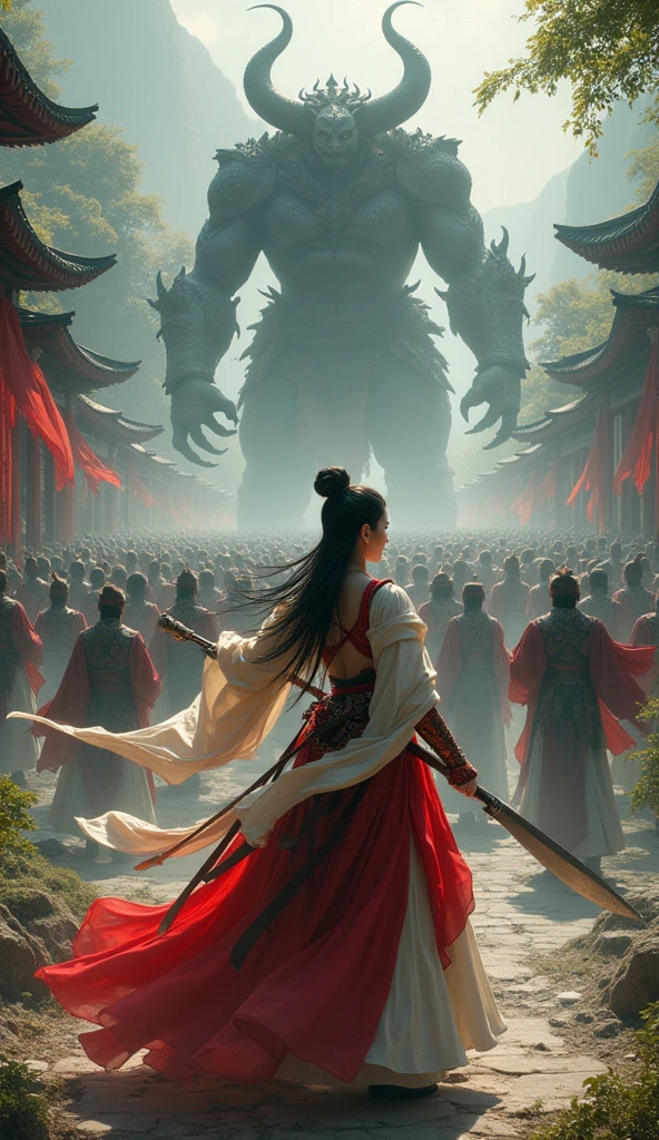 (best quality), detailed background, oriental nobless,warrior girl,combat arts,holding halberd,oni, monster army