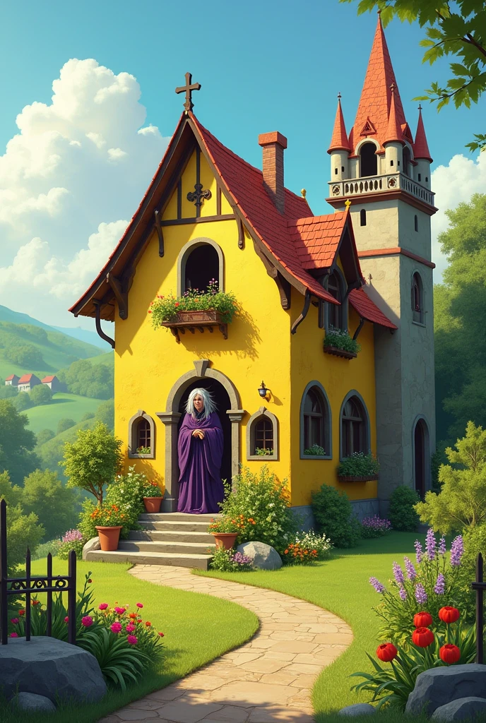 A yellow house with a witch living in it, next door there is a seminary