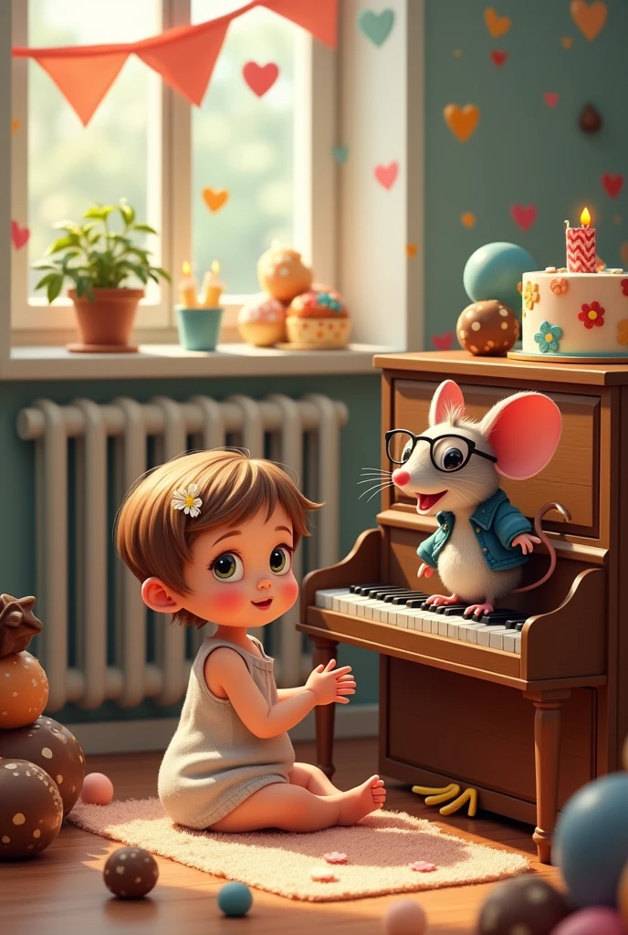 Radiator on back wall, with party decoration, chocolate and nougat and anise balls girl 1 month very short hair, small with light brown hair with a flower adorning one side of her hair, sitting next to a piano and playing with a beautiful, little mouse with glasses and jacket singing and dancing on the piano Party and birthday cake for "Allison" Animated Colors Photography Anime, photo, illustration, typography, vibrant, Graffiti, portrait photographyLess