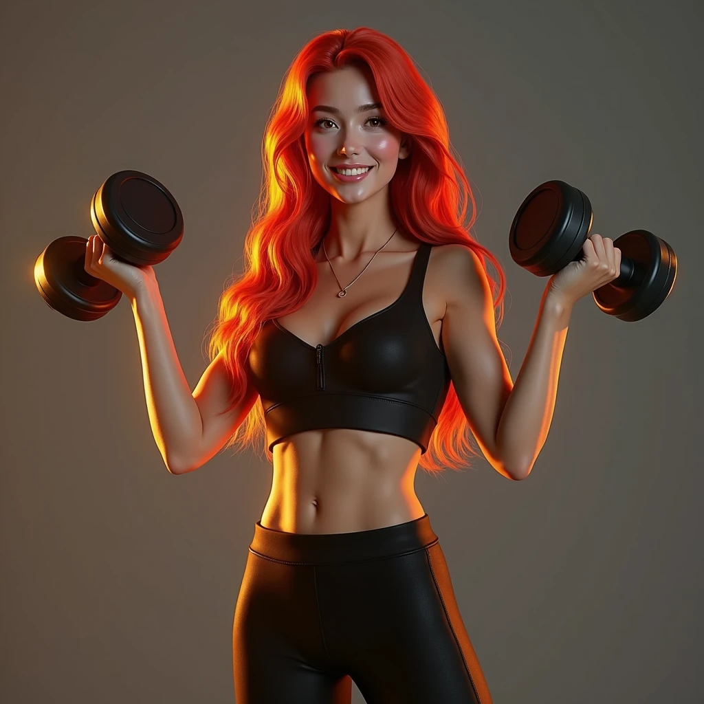 female teenager,long flaming red hair,smiling brightly,gym clothes,dumbbell exercise pose,full body,photorealistic,realistic lighting,highly detailed,8k,exquisite,vibrant colors,natural skin tones,beautiful eyes,beautiful lips,dynamic pose,athletic,fit,glowing skin,studio lighting,warm color palette
