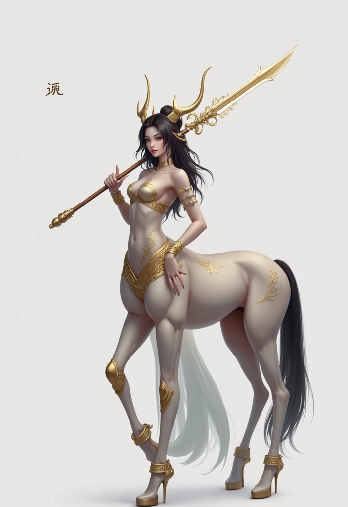 masterpiece,(Best quality:1.3),Centaur girl,lora:Centaur girlV1.0:0.6,(Icefield:1.3),(Head and body 1:9:1.3)Nine-head body,Holding a long weapon,Ancient mythology character Erlang Shen costume,(cos Jiro God)(Refer to Jiao Enjun's Erlang Shen costume)(Golden pattern kneepads,Elbow pads,Wristband,Golden Boot,)(Golden pattern saddle)Horse's body full of golden ancient Chinese armor,Golden headdress,Elegant, beautiful and elegant,All four legs are the same thickness,Ancient Chinese warframe,Mythological Characters Costumes,Background of the picture: Ancient Chinese Heavenly Palace,Mythology Background,Luck is surrounded by colorful clouds,Smooth skin,Black Hair,Perfect facial features,Full breasts,(Leather belt bracelet neck: 1.4),(White crystal high heels: 1.6),Fair and translucent skin,Pale skin,Peach-like skin,The milky white porcelain skin of the eggs
